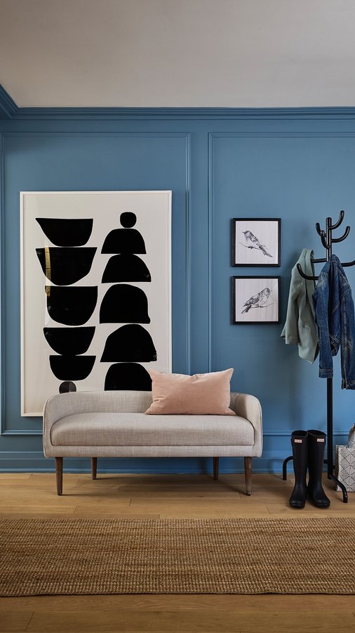 Instagram post by @samanthapynn for Home Hardware. Caption reads: Going bold in 2025! I painted my entryway in Drift....