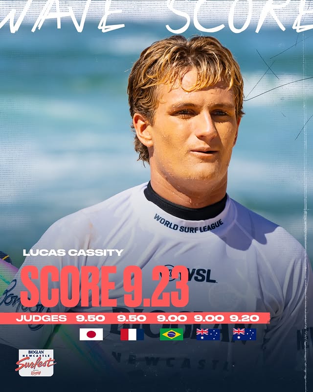 Instagram post by @the_lucas9 for World Surf League. Caption reads: What a wave from @the_lucas9 🇲🇽 Clutch buzzer....