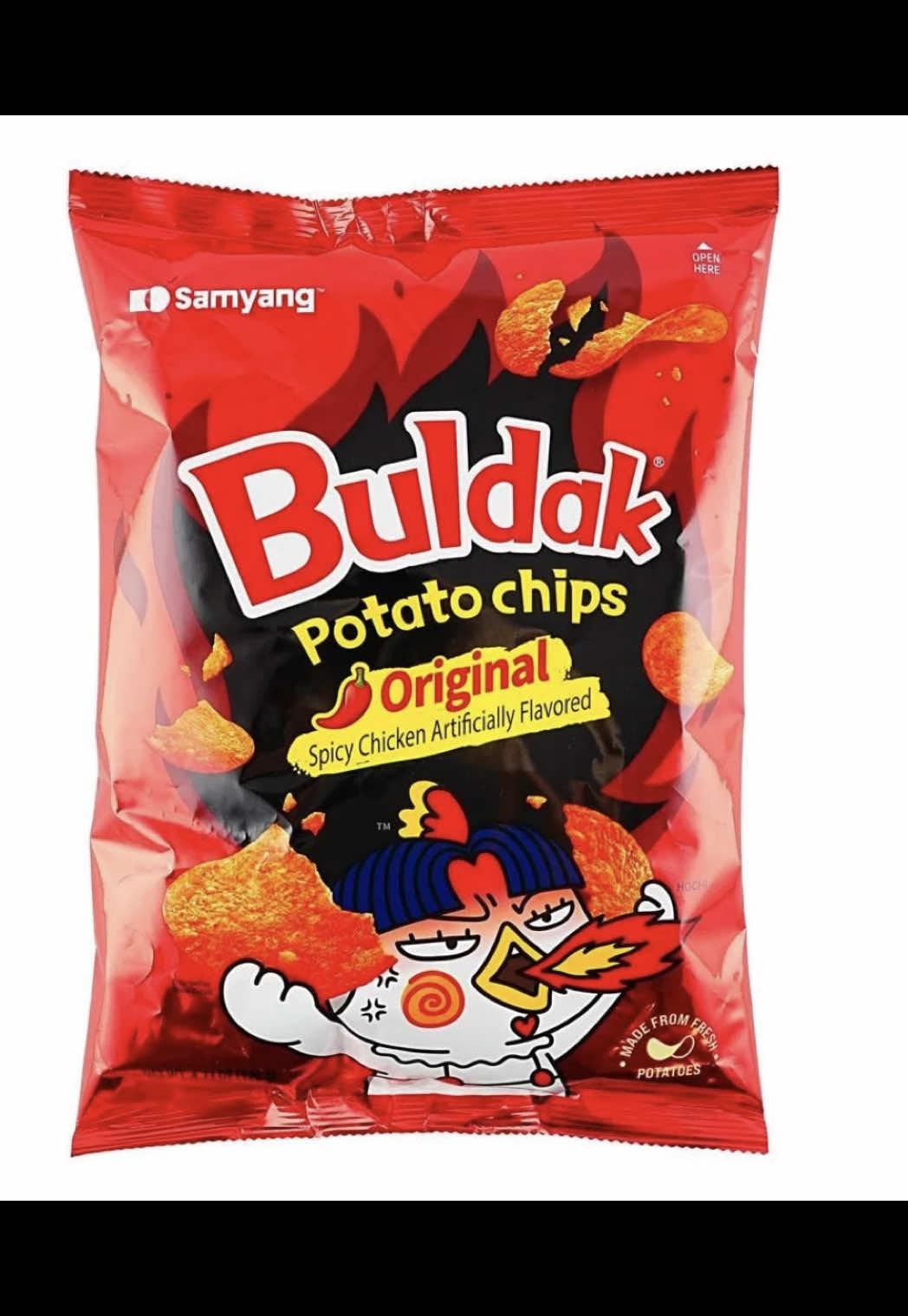 TikTok post by @ghimireaayuska for Yami. Caption reads: @Yami. Best of Asia #samyang #buldakpotatochips....