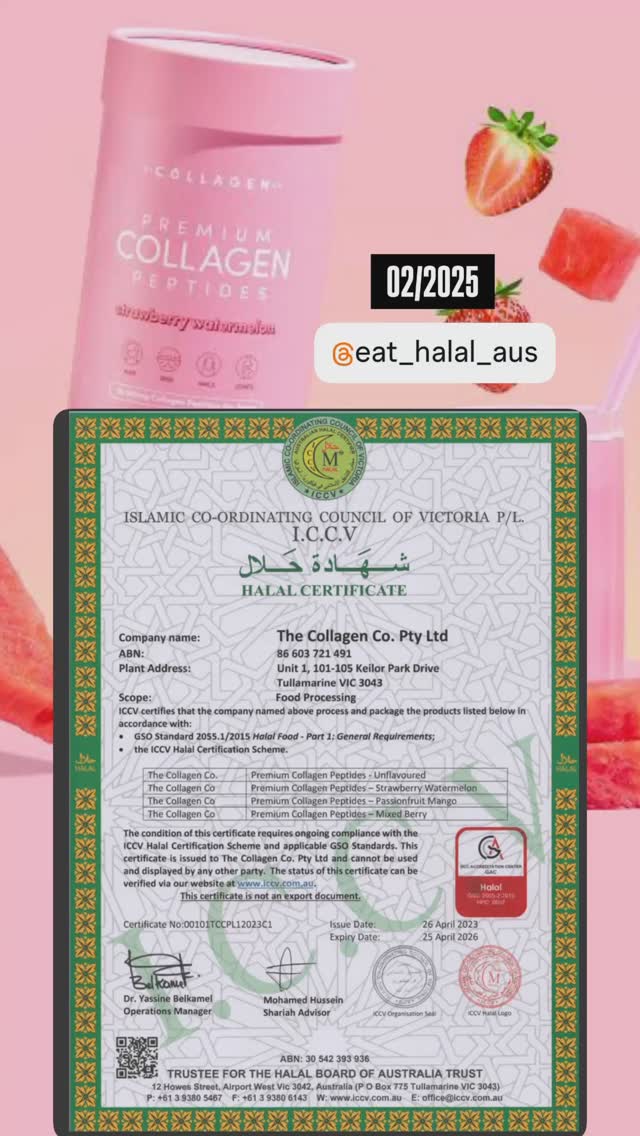 Instagram post by @eat_halal_aus for The Collagen. Caption reads: @thecollagen.co halal certified collagen. 
Many....
