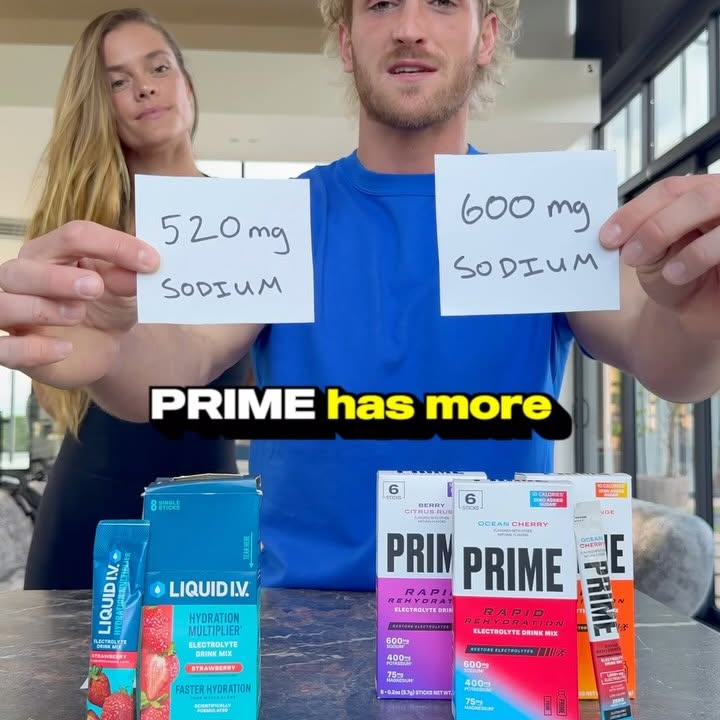 Instagram post by @loganpaul for DrinkPrime. Caption reads: [...] 600mg sodium. 0g sugar. #DRINKPRIME....