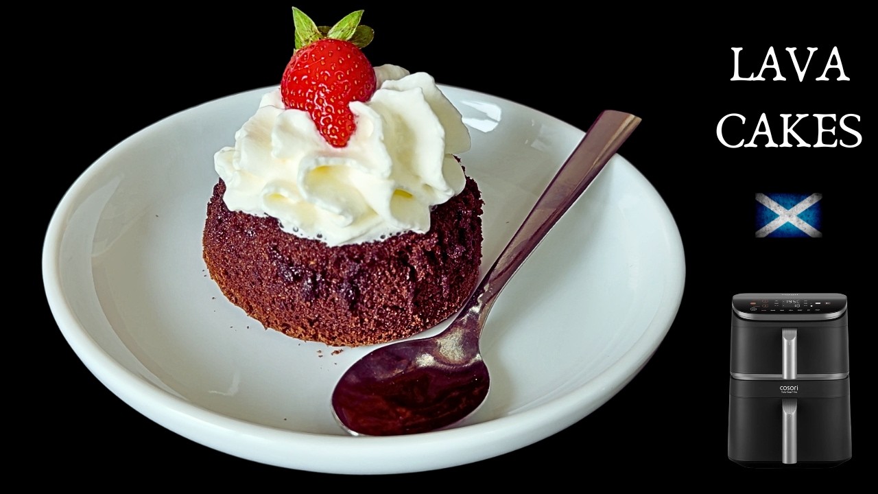 YouTube post by @WhatsForTea for Degusta Box. Caption reads: Mini Chocolate Lava Cakes | COSORI Turbo Tower Air....