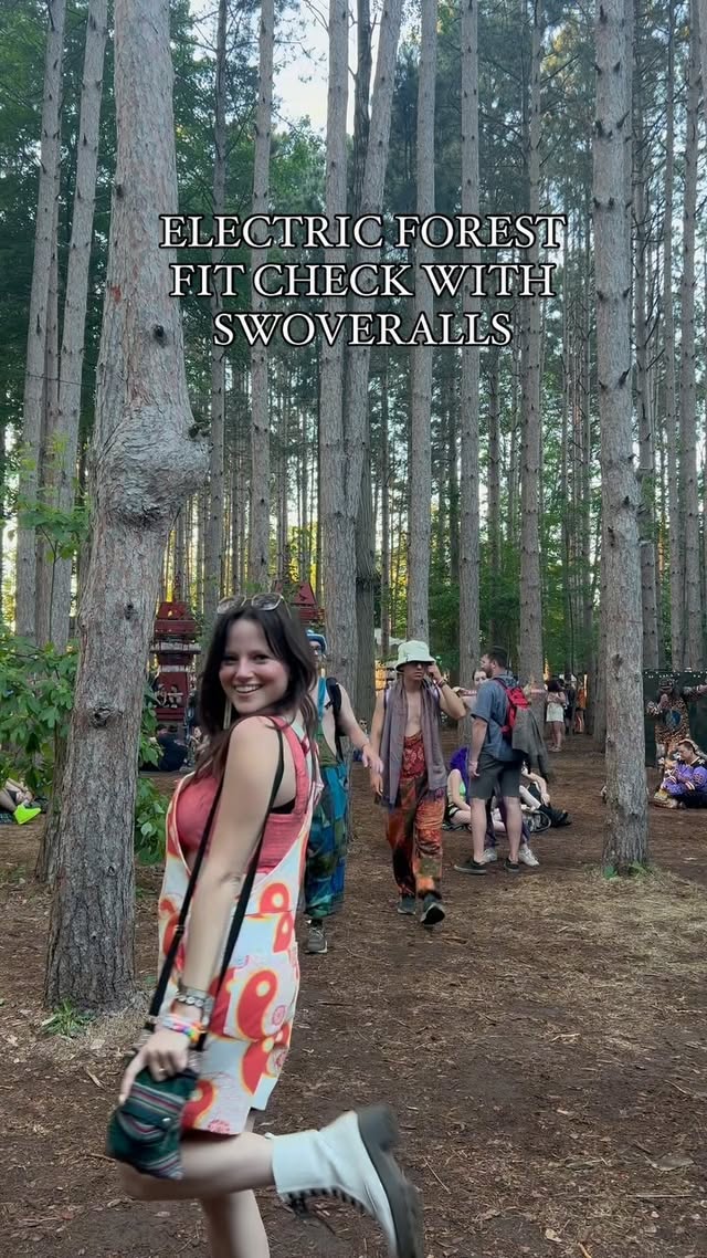 Instagram post by @maceymarie for SWOVERALLS. Caption reads: @swoveralls_ with the festi print ☀️✨🧡 also this....