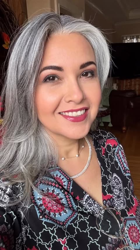 Instagram post by @born_to_make_a__difference for New York & Company. Caption reads: Outfit, gray hair, makeup Inspo Love yourself,....