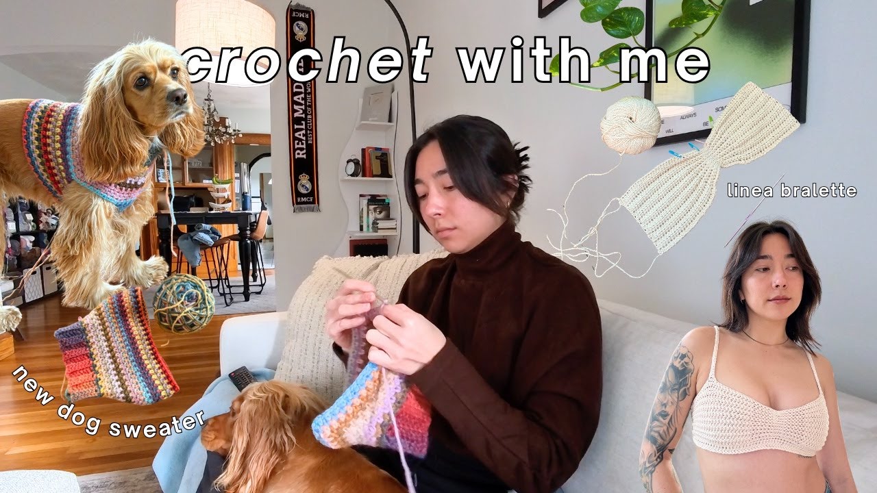 YouTube post by @itserinb for Universal Yarn. Caption reads: crochet with me | the perfect doggy sweater &....
