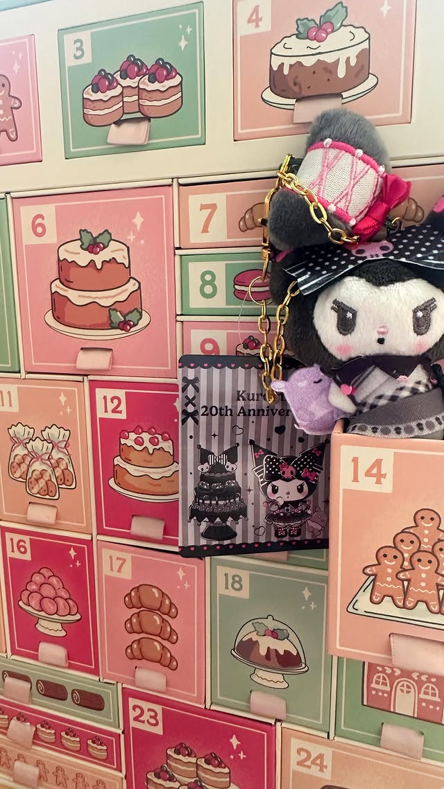Instagram post by @rosymaplesloth for Sanrio. Caption reads: Open day 14 of my Sanrio advent calendar with me!....