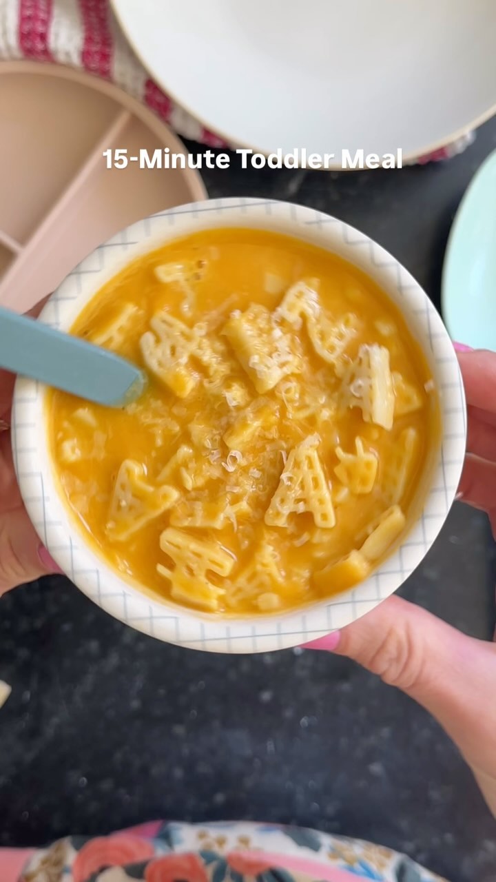 Instagram post by @yummytoddlerfood for Banza. Caption reads: #ad So YUM! Veggie-loaded Alphabet Soup with more....