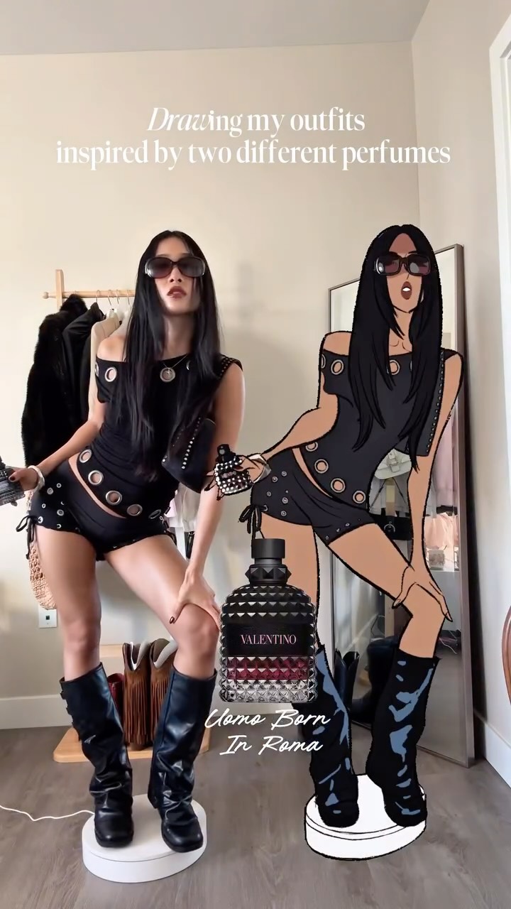 Instagram post by @maplepnida_ for Valentino Beauty. Caption reads: Two sides of me, two perfumes to match 🖤💗....