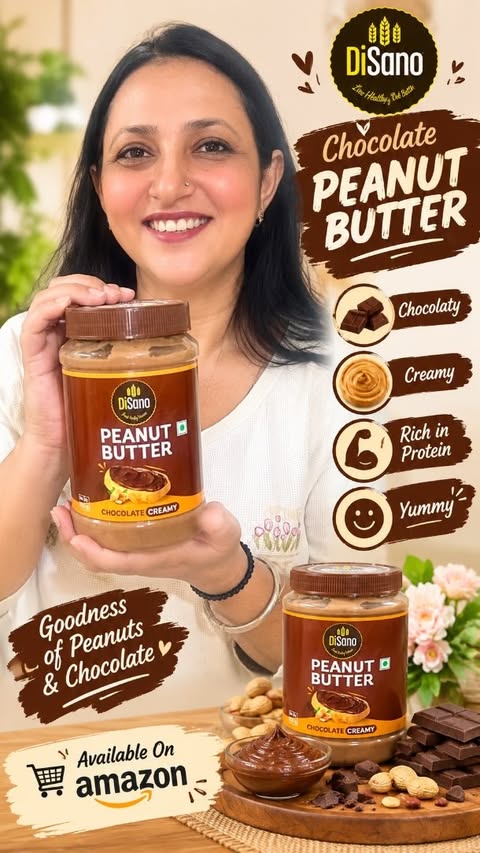Instagram post by @kaul_me_dutt for DiSano. Caption reads: DiSano Chocolate Peanut Butter 🧈🧈🧈🧈 Rich in....