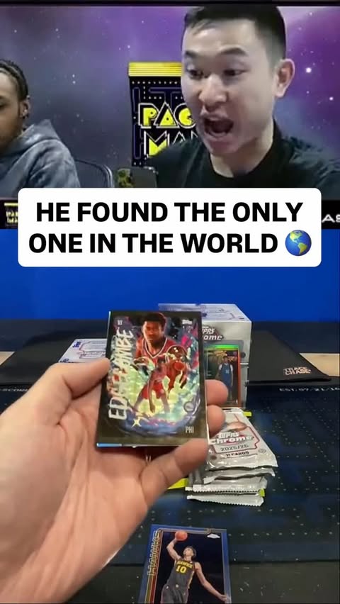 Instagram post by @packmancards for Topps. Caption reads: He pulled a VJ Edgecombe 1/1 Ultra Violet....