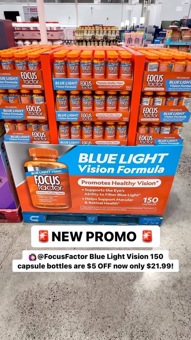 Instagram post by an influencer for Focus Factor. Caption reads: 🚨NEW PROMO 🚨 @FocusFactor Blue Light Vision 150....