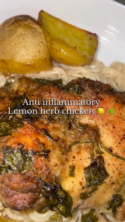 Instagram post by @breecancook for FIGS. Caption reads: Anti inflammatory lemon herb chicken recipe. This....