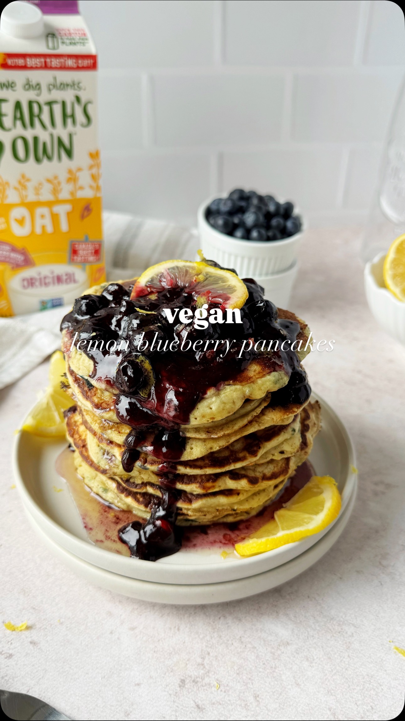 Instagram post by @riris_recipes for Earth’s Own. Caption reads: ✨ Restaurant-style pancakes, but better. Because....