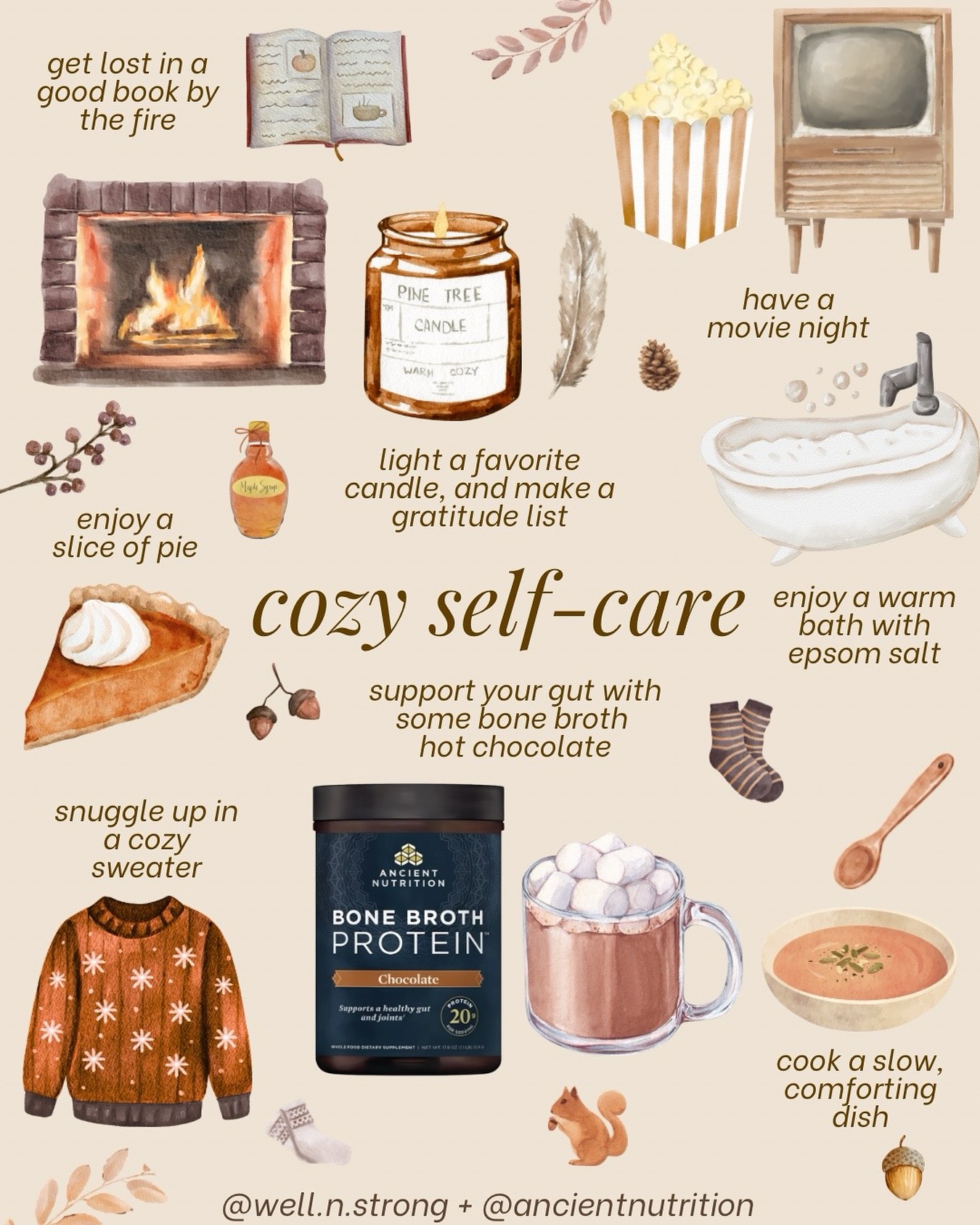 Instagram post by @well.n.strong for Ancient Nutrition. Caption reads: cozy self-care can be found in the little rhythms....