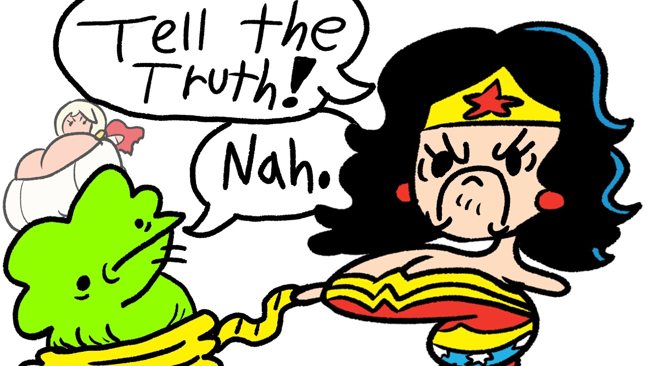 YouTube post by @DoobusGoobus for AdamAndEve.com. Caption reads: The Lasso of Truth Would Still Let You Lie..