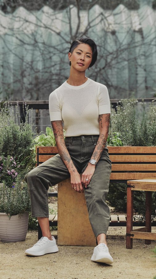 Instagram post by @kristenlkish for Allbirds. Caption reads: Comfort sits at the heart of how I cook and how I....