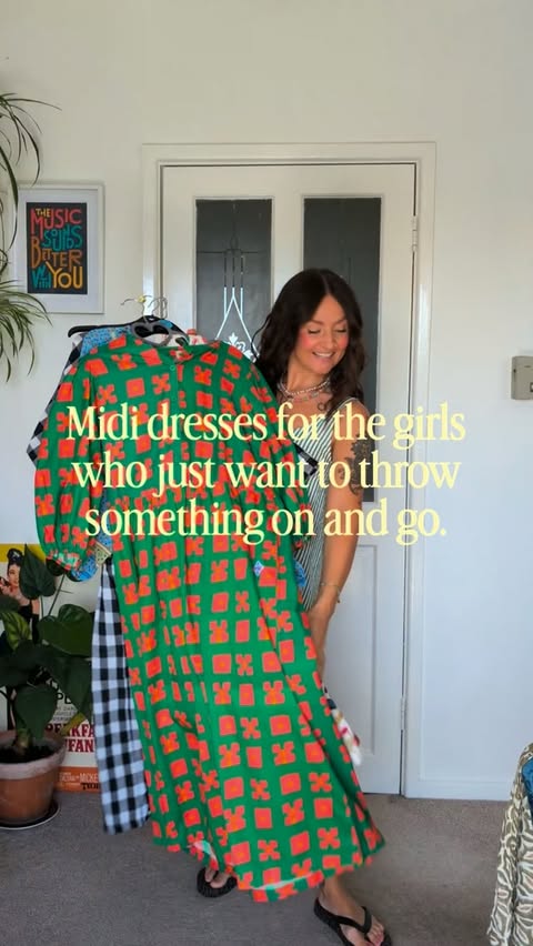Instagram post by @lauradopamineoutfits for White Stuff. Caption reads: We all love a midi dress because we don't have to....