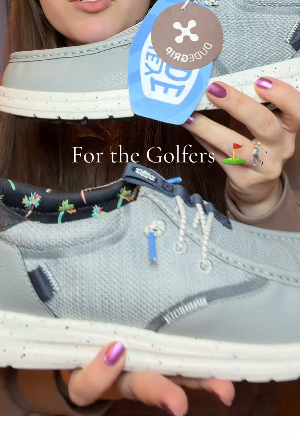 TikTok post by @mizz.veeee for HEYDUDE. Caption reads: [...] Day gift for the golfer in your life....