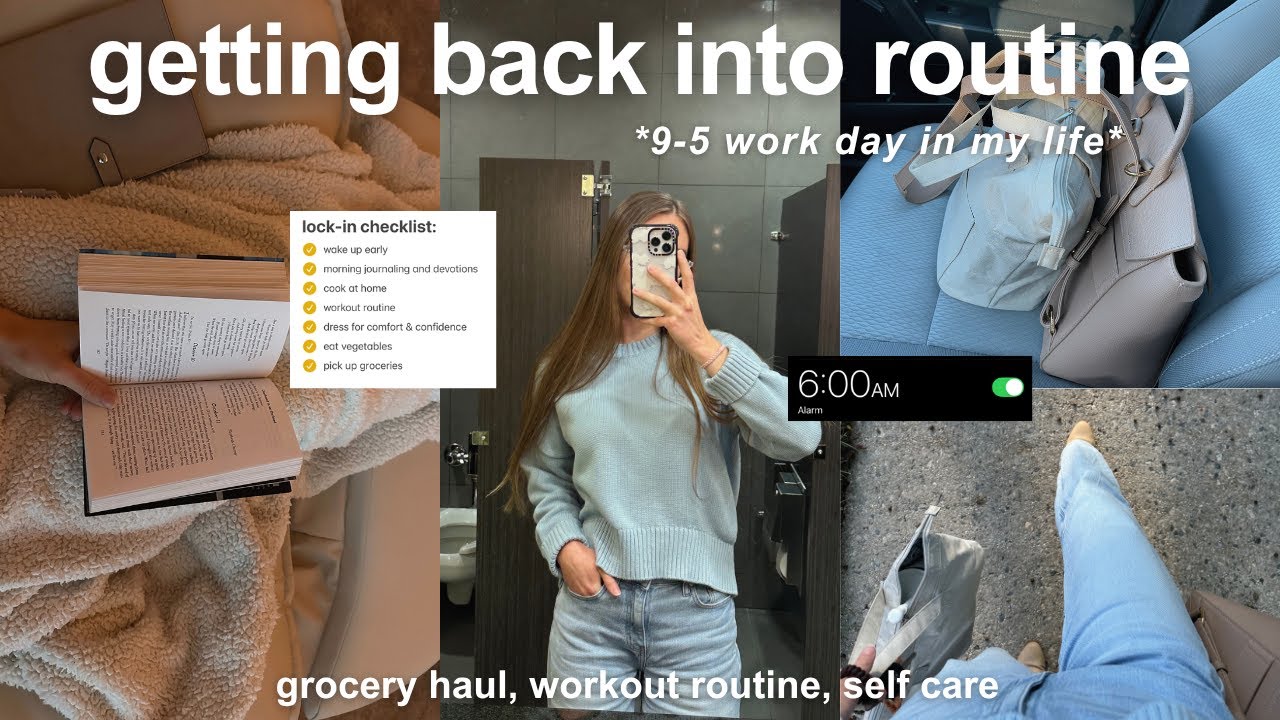 YouTube post by @rebekahjoy for Mint And Lily. Caption reads: get back into routine with me (home workout, 9-5....