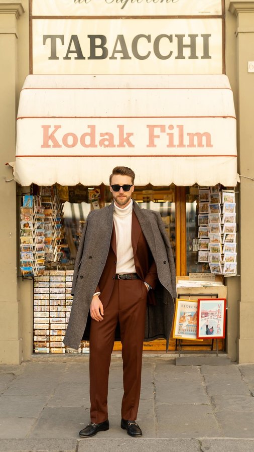 Instagram post by @benbrewster for Billy Reid. Caption reads: [...] designed this custom burgundy suit at Billy....