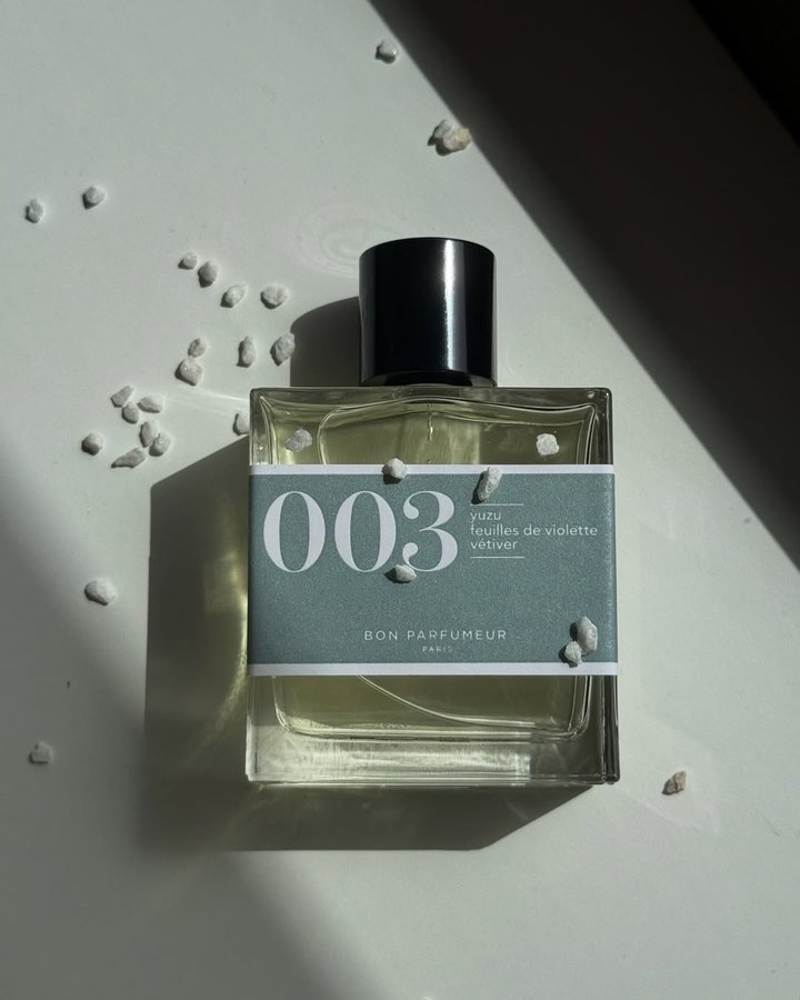 Instagram post by @dario_vallone_ for Bon Parfumeur. Caption reads: 003 @bonparfumeur 

with Yuzu, violet leaves and....