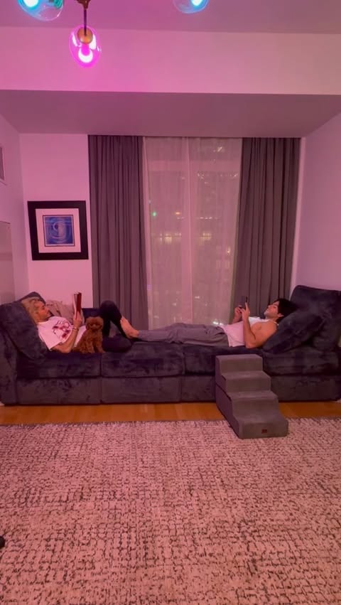 Instagram post by @frankiejgrande for Lovesac. Caption reads: [...] 🤭💖 on our brand new, fully customized....