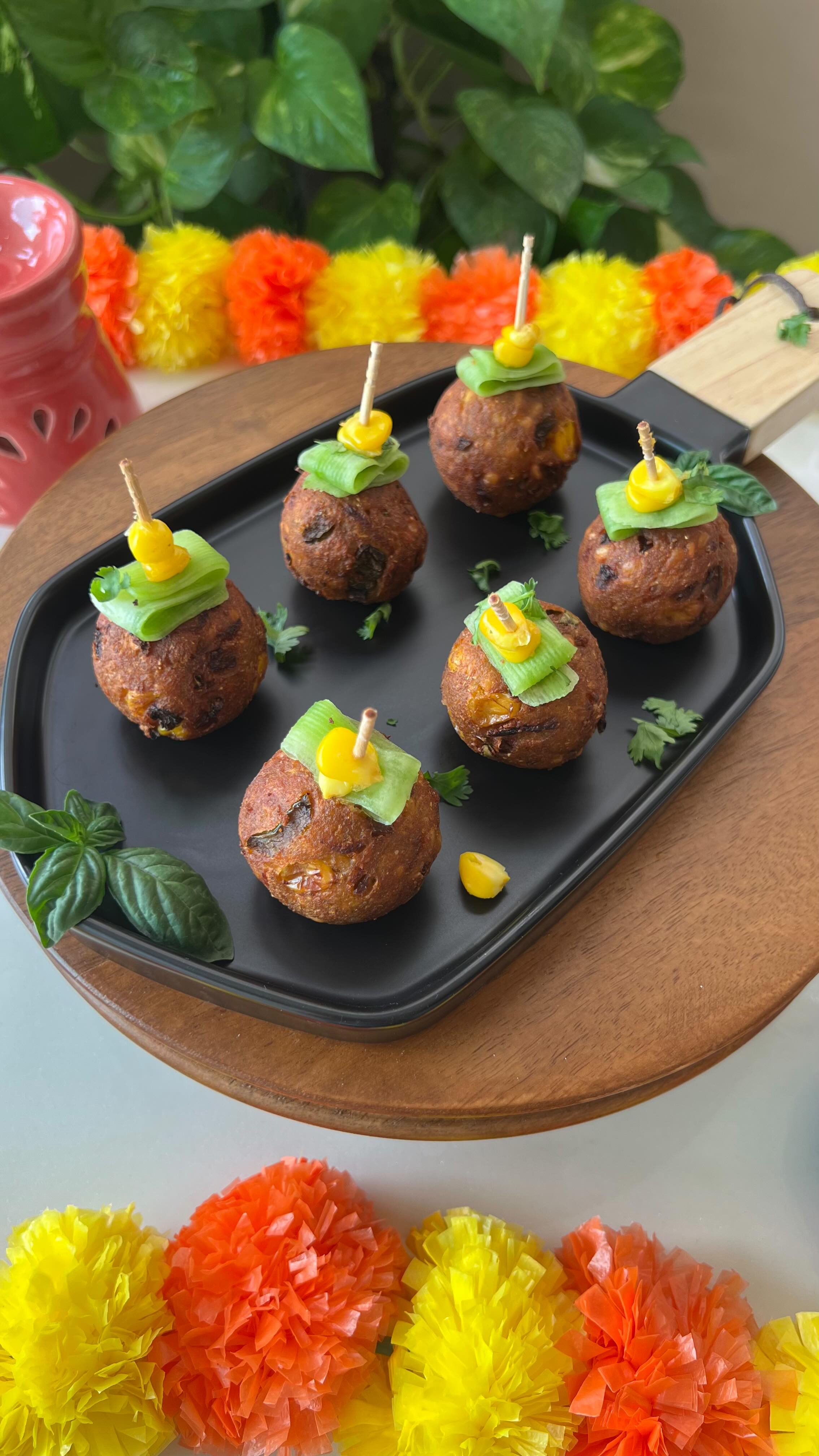 Instagram post by @corner_to_discover for Catch Foods. Caption reads: ✨ Moong Dal Veg Pops — Diwali ke party platter ka....