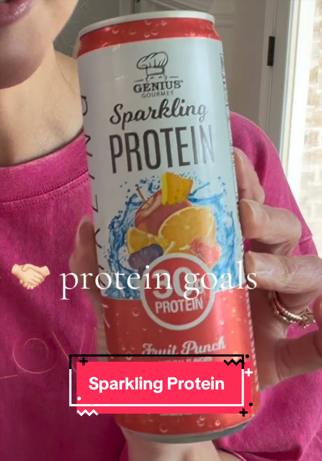 TikTok post by @rachie_b_04 for Genius Gourmet. Caption reads: [...] #proteingoal #sparklingwater @Genius Gourmet.