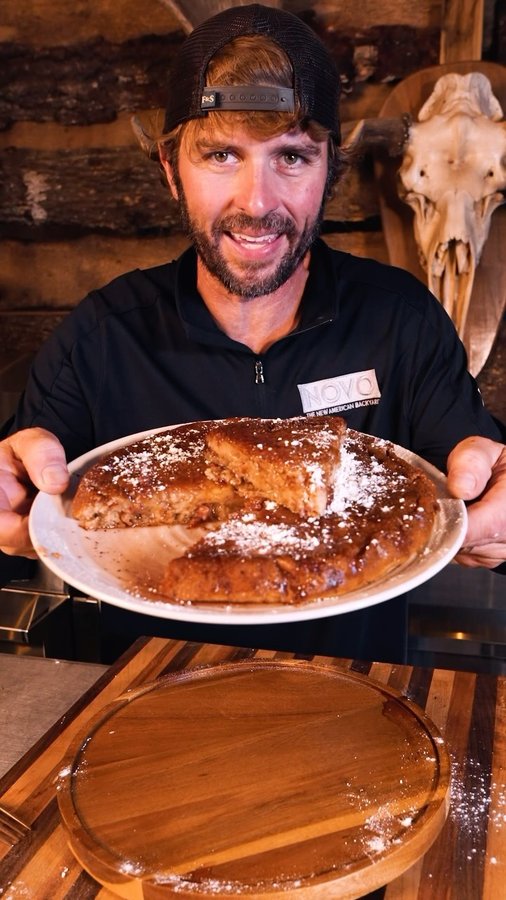 Instagram post by @steakchannel for Flavor God. Caption reads: UPSIDE DOWN APPLE BACON PANCAKE

One giant pancake....