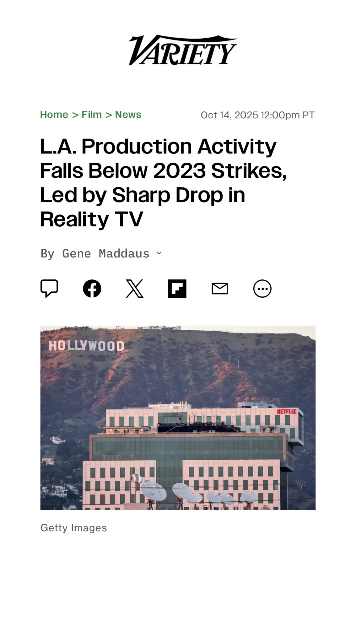 Instagram post by @producer.patrick for Variety. Caption reads: Has Hollywood hit a collapse, or just a....