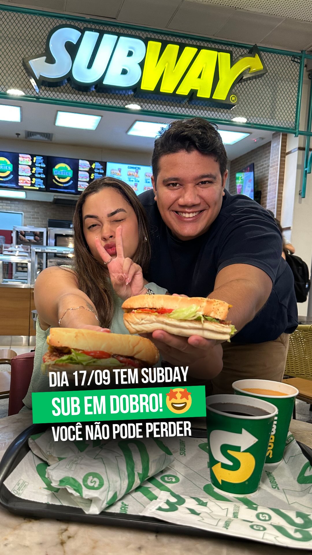 Instagram post by @comendofora_fsa for Subway. Caption reads: Comprar e levar o dobro? Oi? 😮‍💨 essa semana é....