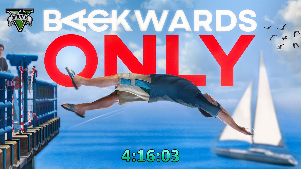 YouTube post by @DarkViperAU for Makeship. Caption reads: Can You Beat GTA V Without Ever Moving Forward?....