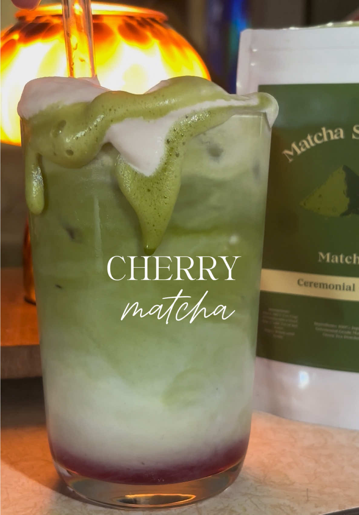 TikTok post by @jada.fieldss for Matcha Sunday. Caption reads: my newest obsession 🍒 @Matcha Sunday #matcha....