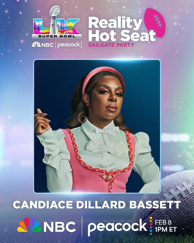 Instagram post by @therealcandiace for Peacock. Caption reads: [...] Super Bowl LX Pregame Show on @NBC and....