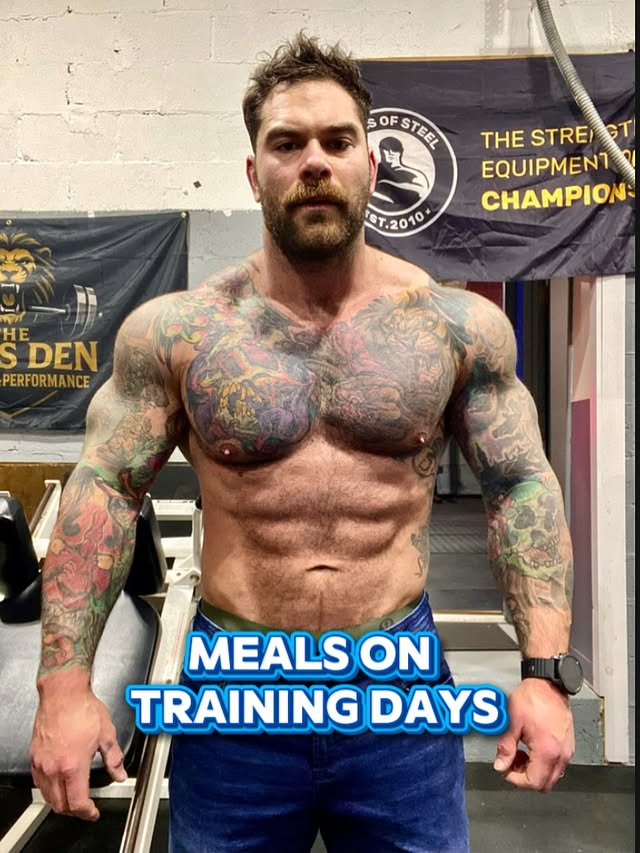 Instagram post by @szatstrength for JOCKOFUEL. Caption reads: Training day nutrition!

5 meals in total (most....