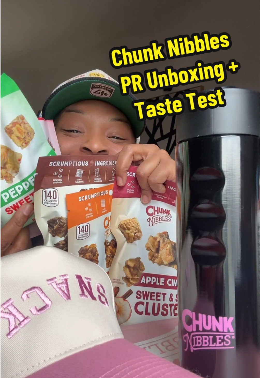 TikTok post by @munchwithdes for Chunk Nibbles. Caption reads: Chunk Nibbles PR Unboxing + Review — By far one of....