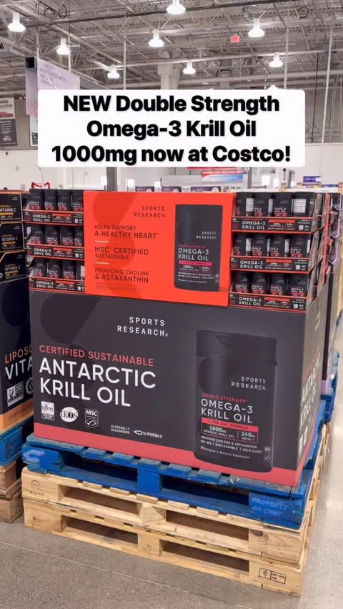 Instagram post by @costcobuys for Sports Research. Caption reads: 🦐 Double Strength Omega-3 Krill Oil 1000mg is now....