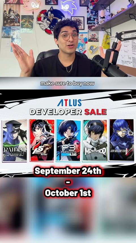 Instagram post by @okaylandy for SEGA. Caption reads: [...] link here: . . . #ad #Atlus #streamsale....