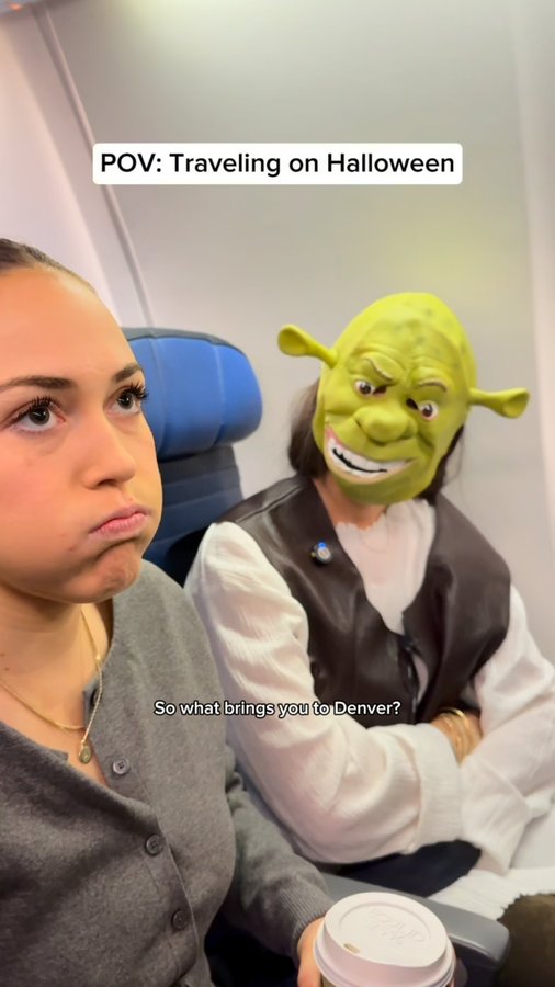 Instagram post by @corporatenatalie for United Airlines. Caption reads: Nothing to see here #halloween #shrek #comedy....