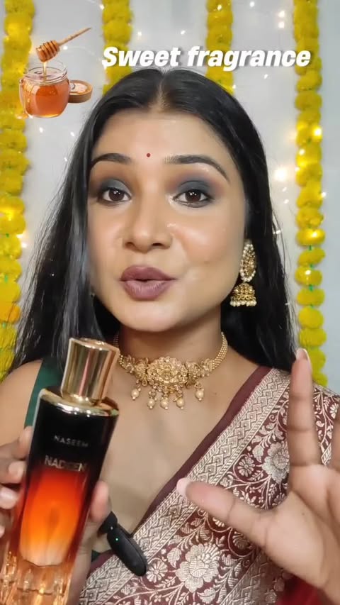 Instagram post by @khusilekha for Naseem Perfume. Caption reads: I'm obsessed with this 🍁🍂🍯 Warm, sweet &....