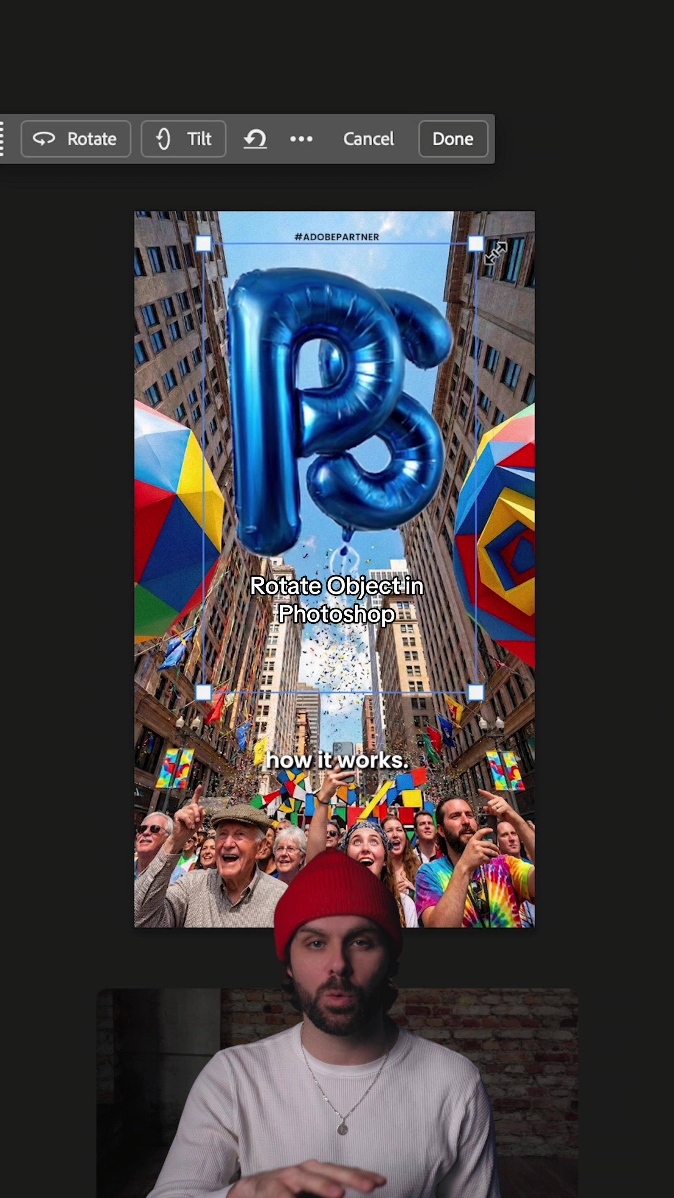 TikTok post by @justinserran for Photoshop VIP. Caption reads: Rotate Object is officially live in Photoshop. No....
