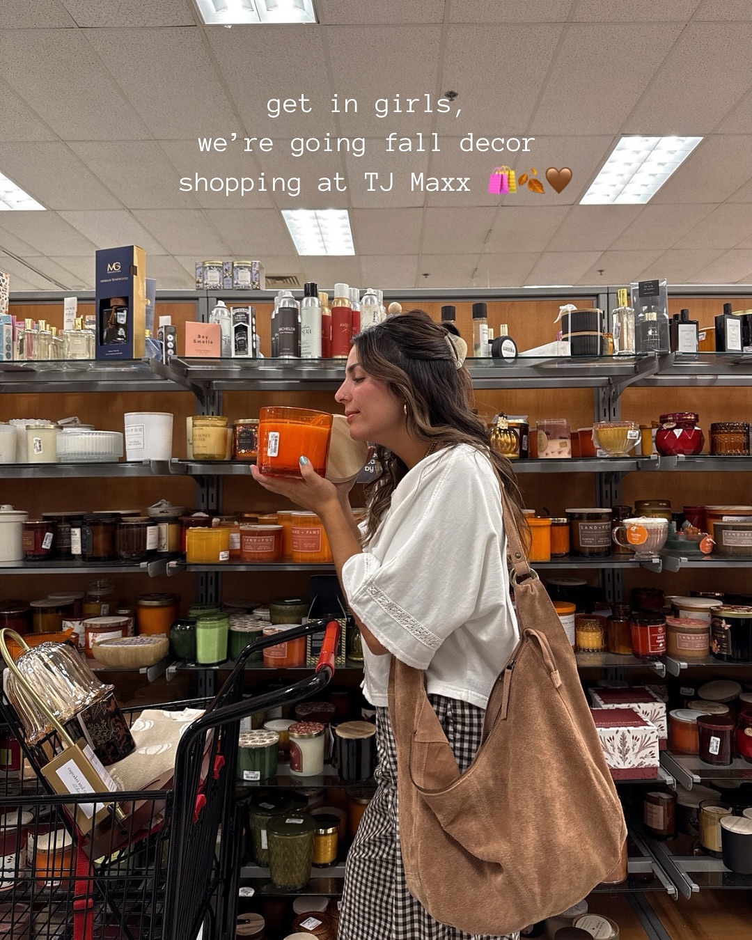 Instagram post by @katerinaseigel for TJ Maxx. Caption reads: walking around tjmaxx, smelling fall candles &....