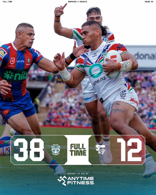 Instagram post by @nzwarriors for Anytime Fitness. Caption reads: First W on the road 🛫 FT || @anytimefitness.nz.