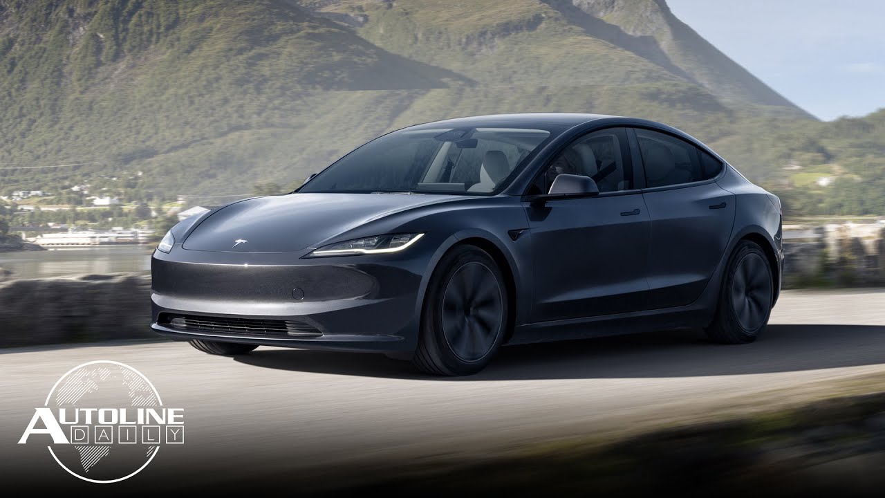 YouTube post by @AutolineDetroit for Tesla. Caption reads: Musk's Politics Are Hurting Tesla; U.S. Sales Drop....