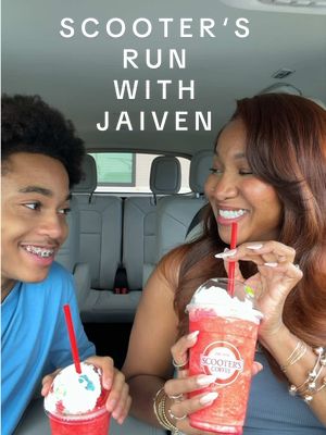 TikTok post by @lifewithcina for Scooter's Coffee. Caption reads: It’s always a great day whenever I can get Jaiven....