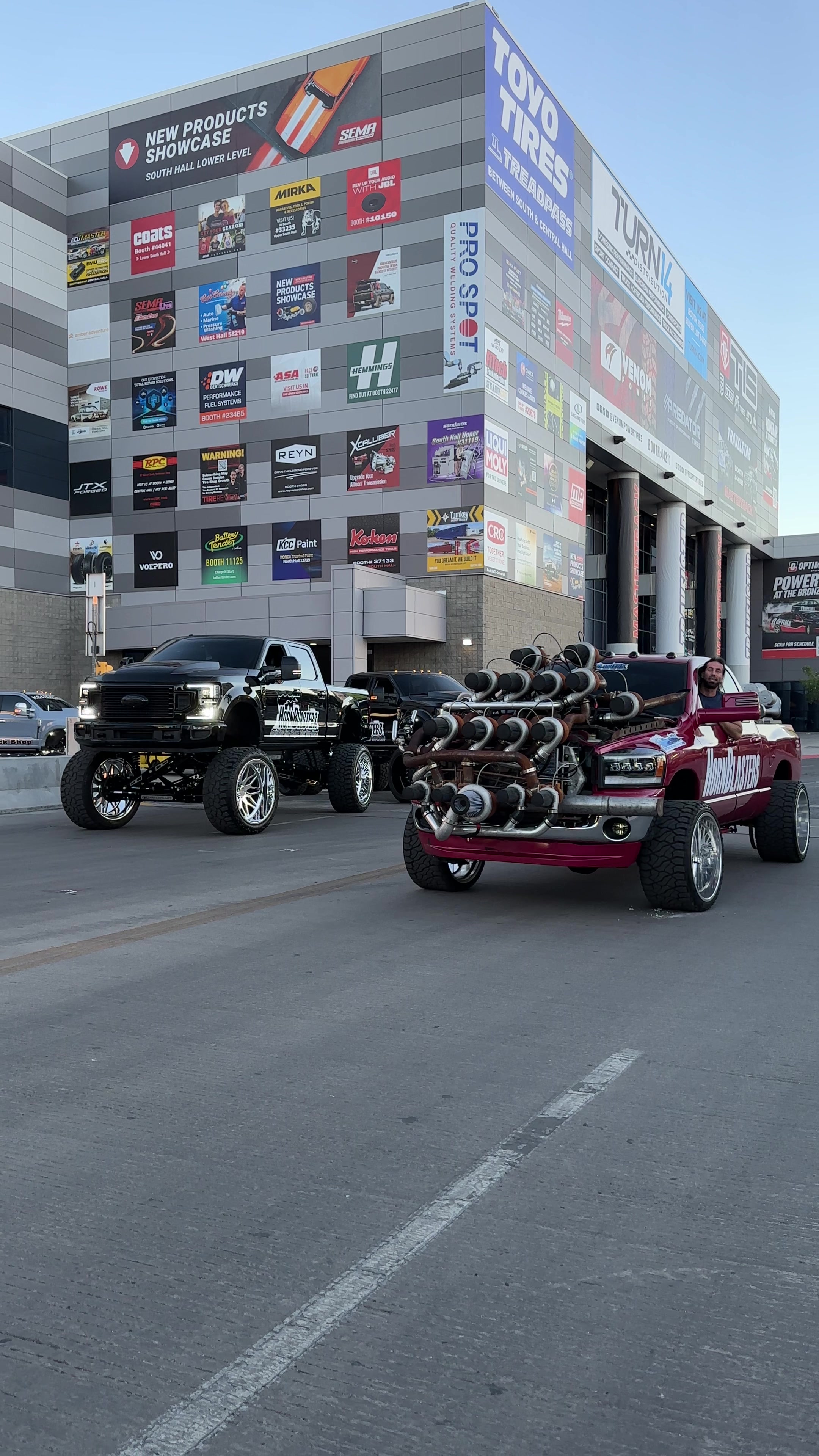 TikTok post by @hornblasters_tyler for Hornblasters. Caption reads: [...] deep at the 2025 SEMA show 😮‍💨🔥....