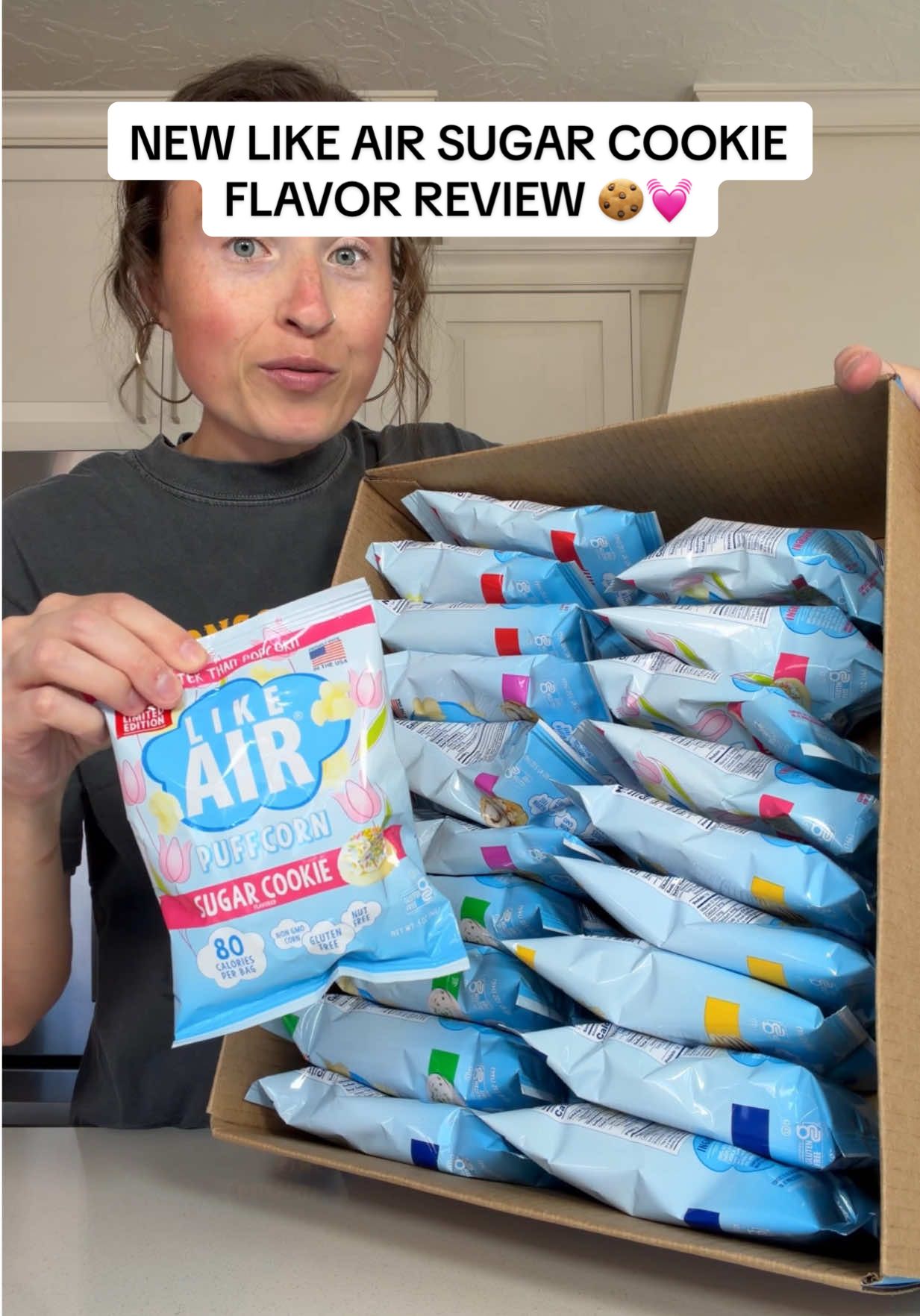 TikTok post by @morganchompz for Like Air Puffcorn. Caption reads: [...] 💓🍪 Are you going to try this? 👀 @Like Air....
