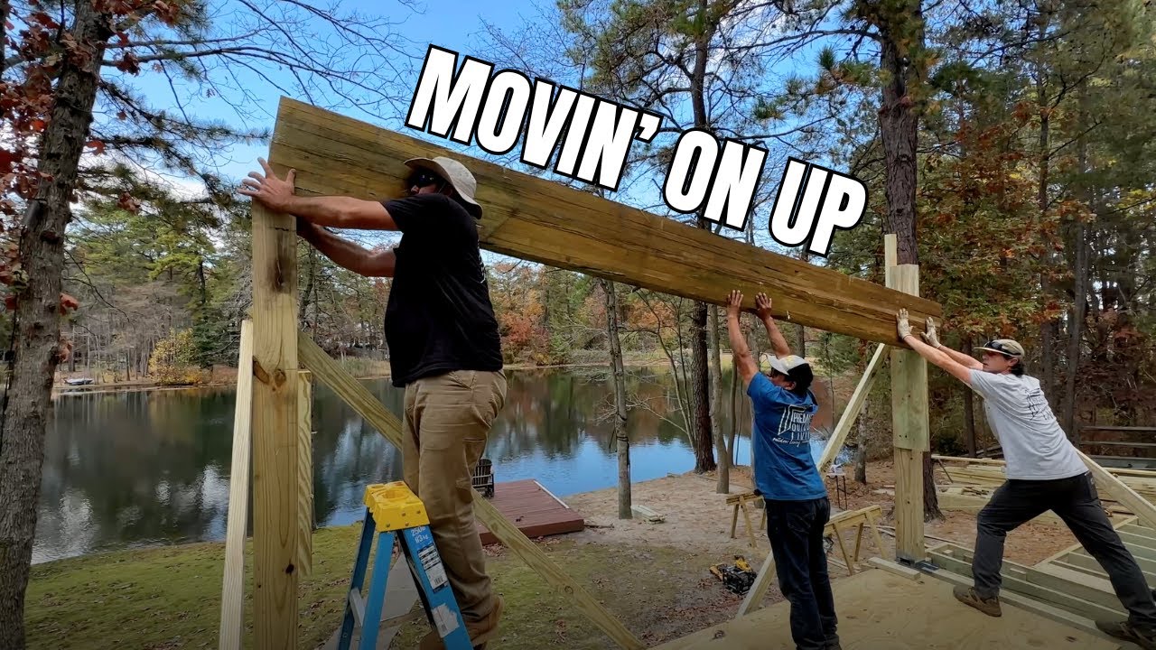 YouTube post by @THEpremieroutdoor for Moasure. Caption reads: Setting a BIG Beam and MORE! Lakeside Dream Deck....