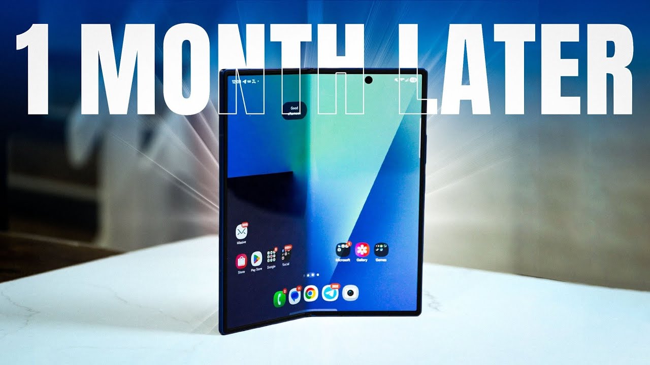 YouTube post by @BooredAtWork for B&H Photo Video. Caption reads:  Samsung Galaxy Z Fold 7: 1 Month Later!.