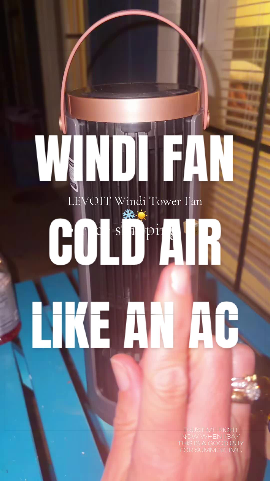 TikTok post by an influencer for Levoit. Caption reads: [...] ICE COLD air like an AC??!! LEVOIT Windi....